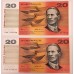 AUSTRALIA 1993 . TWENTY 20 DOLLAR BANKNOTES . FRASER/EVANS . CONSECUTIVE SEVEN . FIRST PREFIX AAA